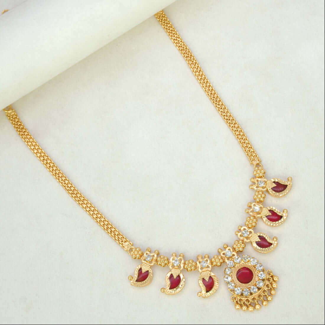 Kerala Traditional Gold Plated Short Mango Necklace- 3 Stone- Red