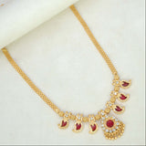 Kerala Traditional Gold Plated Short Mango Necklace- 3 Stone- Red