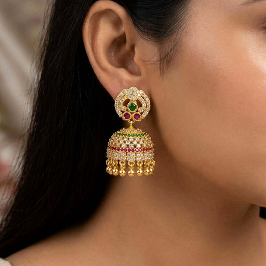 Gold Plated CZ Stone Bridal Jhumka Earrings featuring colorful stones and intricate design, perfect for ethnic wear.