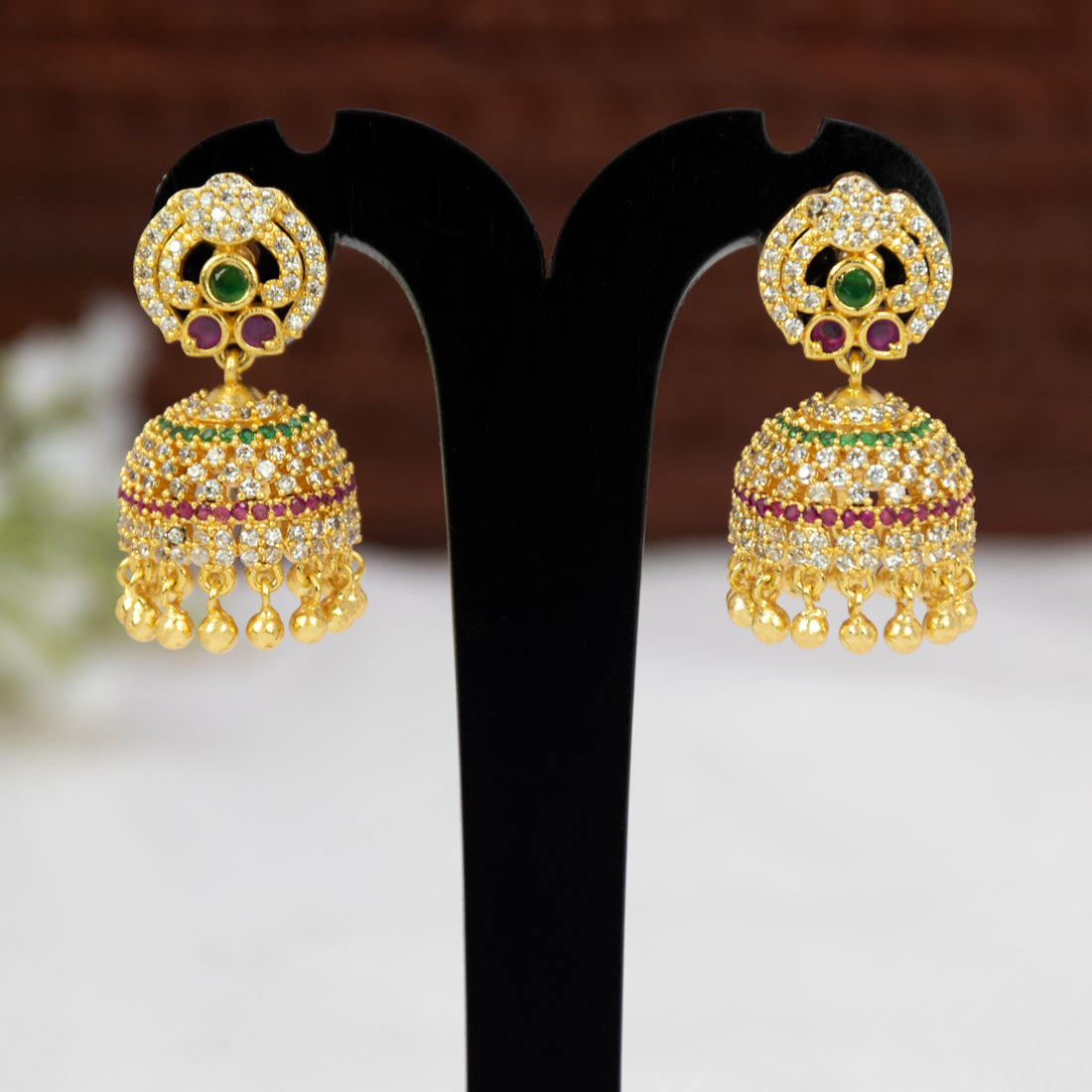 Gold Plated CZ Stone Beads Hanging Jhumka Earrings-Ruby Emerald & CZ