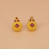 Gold Plated Floral Stone Studded Earrings-Ruby