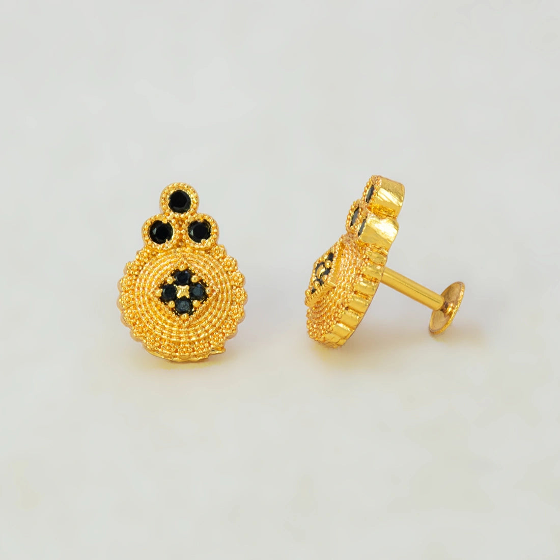Gold Plated Floral Stone Studded Earrings-black