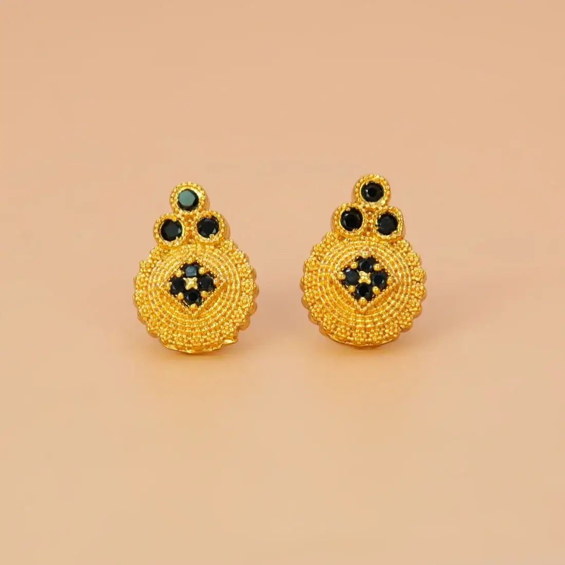 Gold Plated Floral Stone Studded Earrings-black