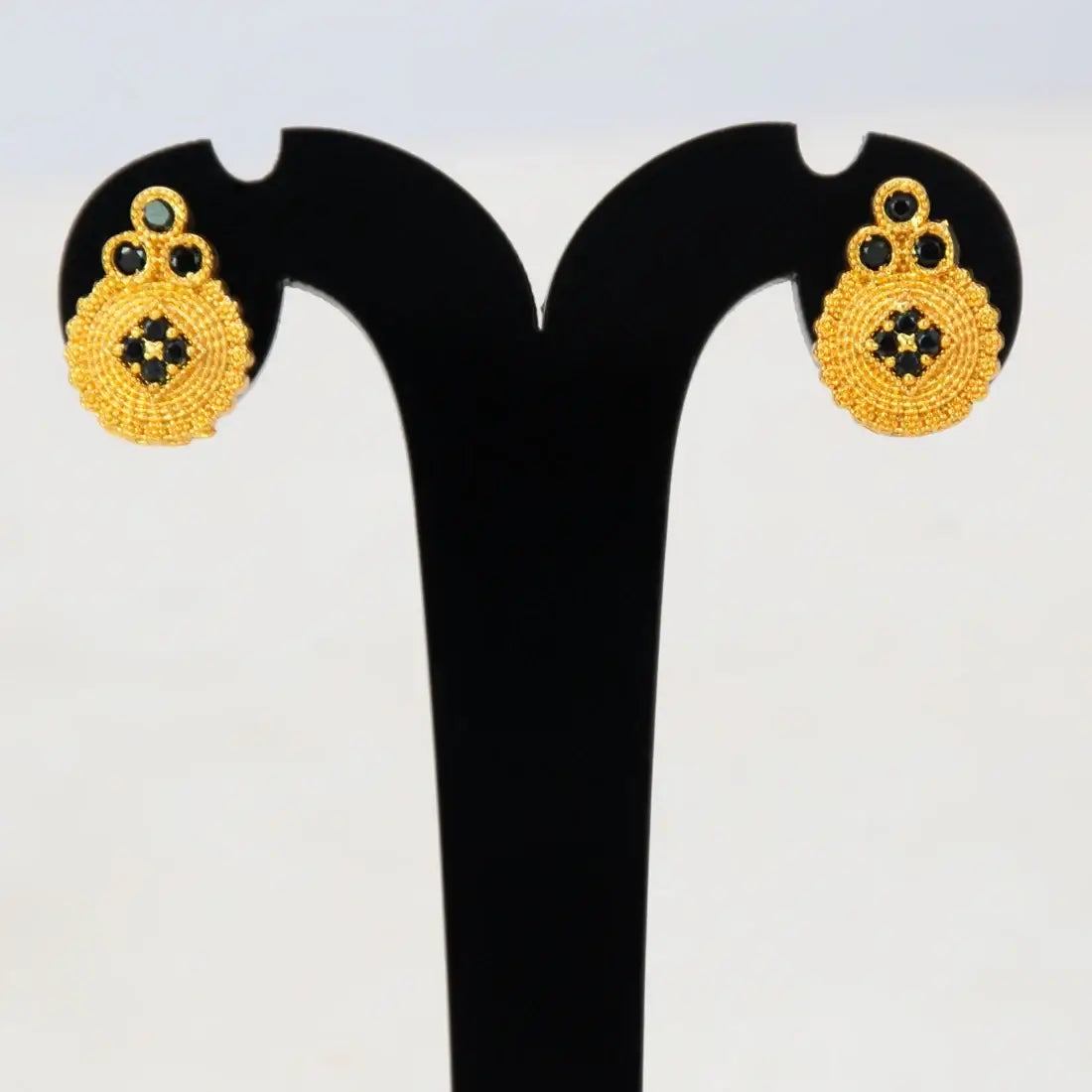 Gold Plated Floral Stone Studded Earrings-black