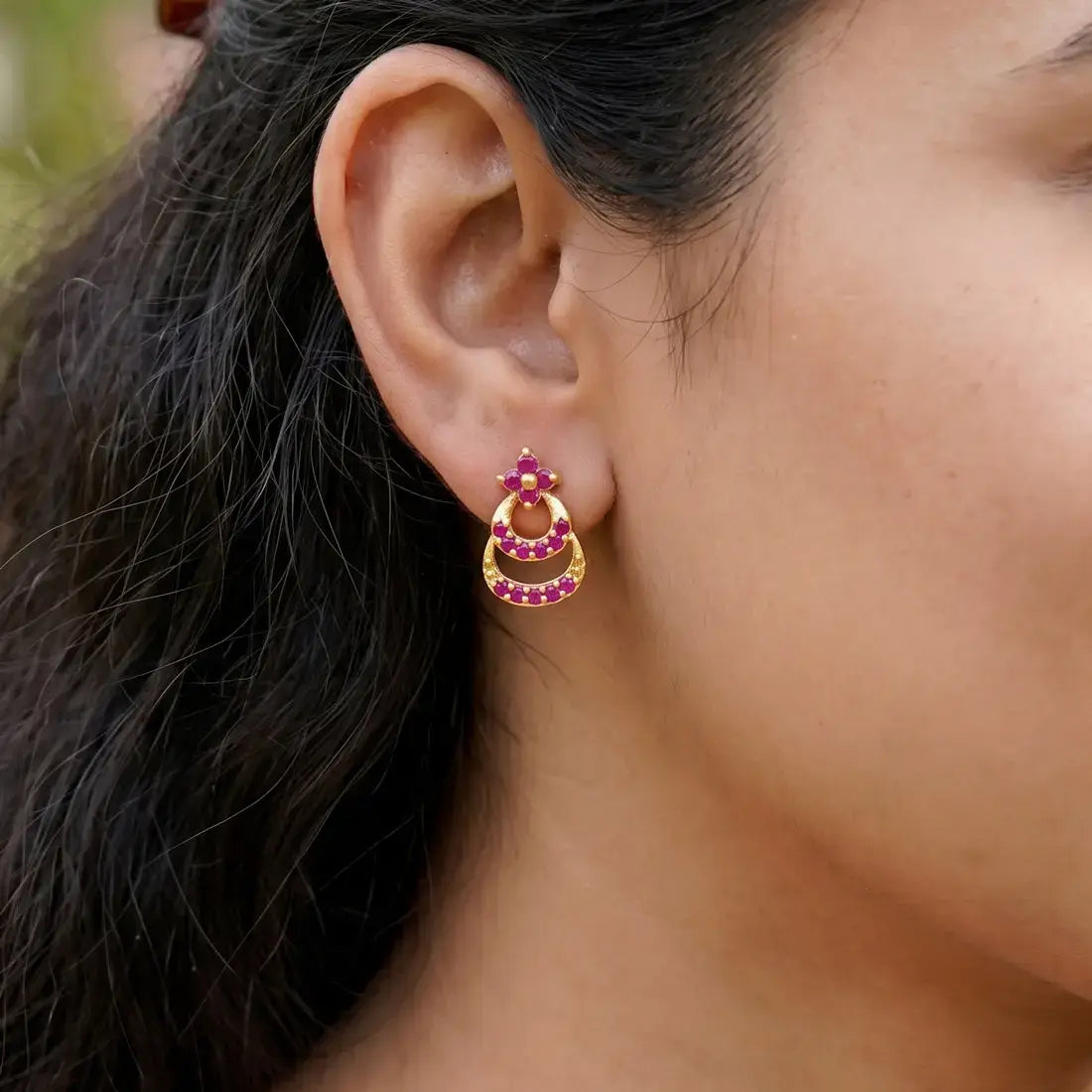 Gold Plated Floral Twin Crescent Stone Stud Earrings - Ruby