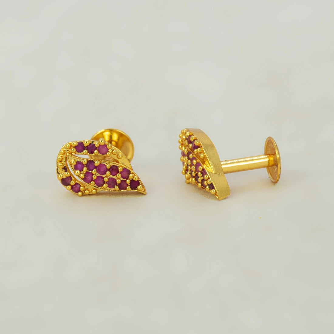 Gold Plated Leaf Model Stone Stud-Ruby