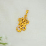 Gold Plated Om Trishul Mahadev Shiva Pendant with a textured finish, displayed on a light textured white background.