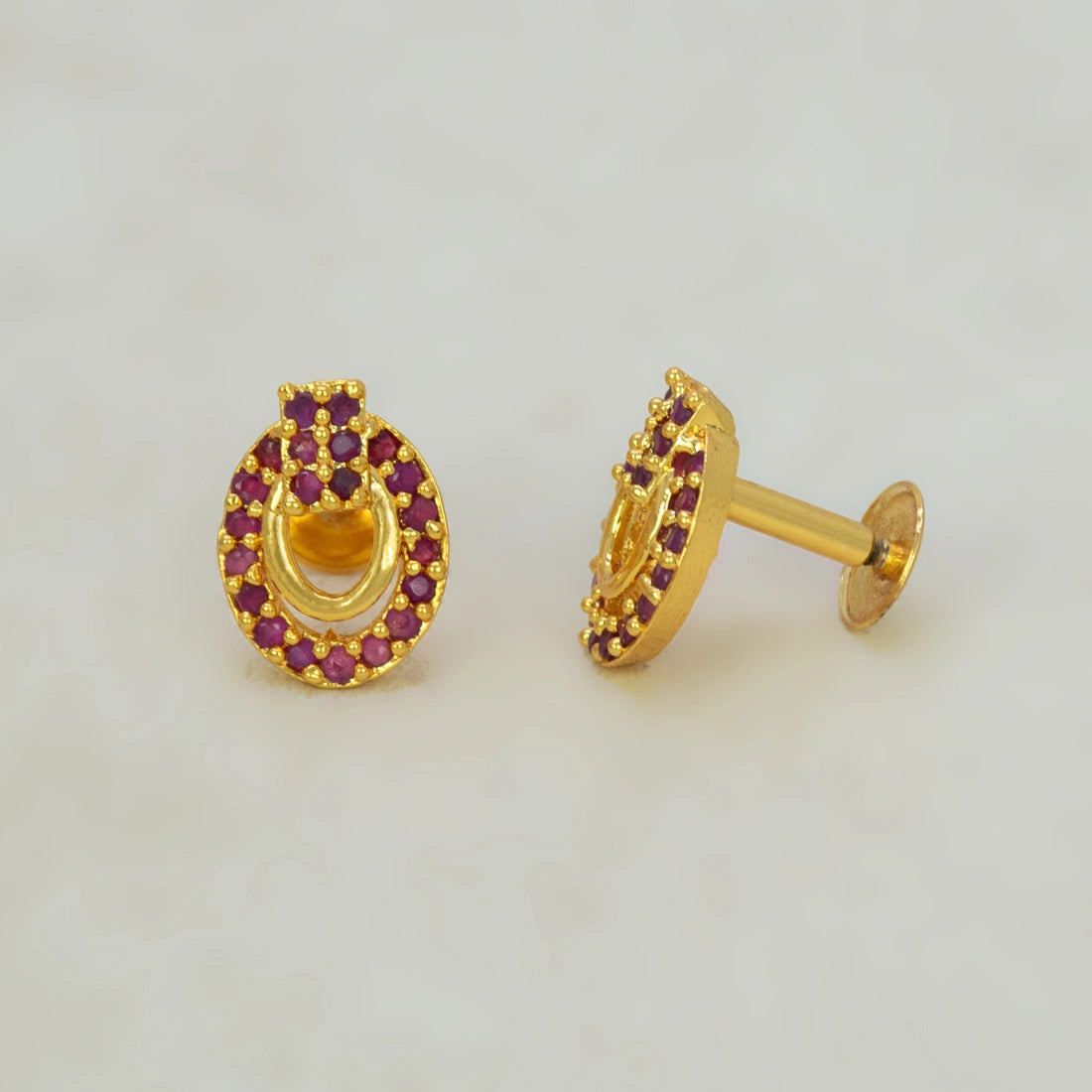 Gold Plated Oval Design Stone Studded Earring-Ruby
