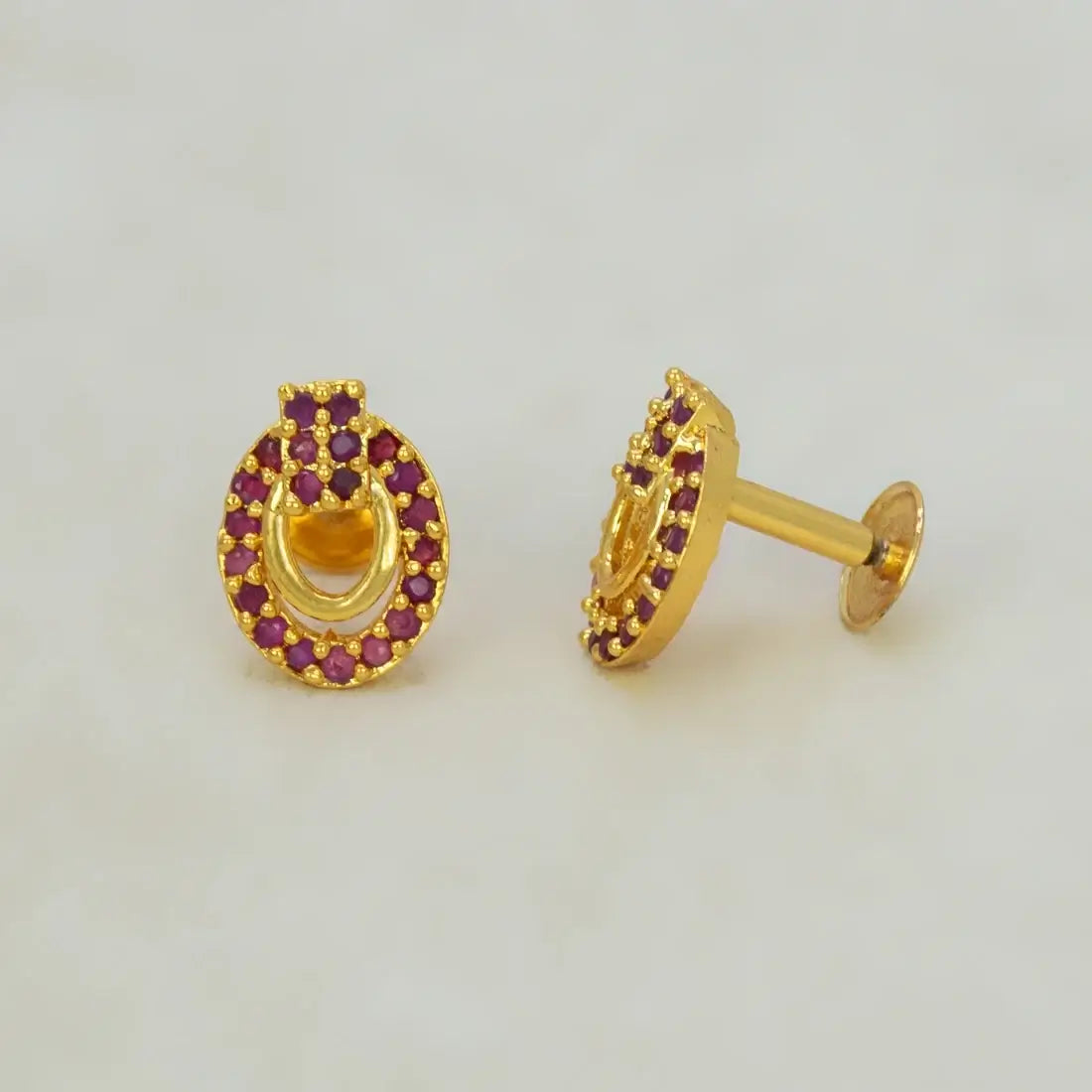 Gold Plated Oval Design Stone Studded Earring-Ruby
