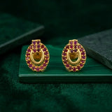 Gold Plated Oval Design Stone Studded Earring-Ruby
