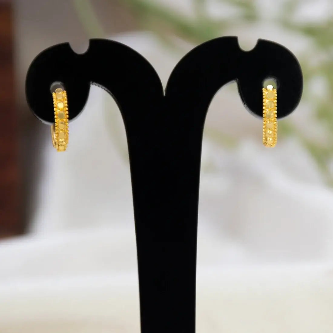 Gold plated textured hoop earrings with intricate beaded detailing for women and girls