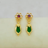 Gold Plated Green Nagapadam Floral Stud Drop Earrings showcasing an elegant design with ruby and green accents.