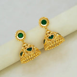 Green Palakka Jhumka Earrings featuring gold-tone domes and deep green stones.