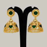 Green Palakka Jhumka Earrings featuring gold-tone design and deep green stones, perfect for festive occasions.