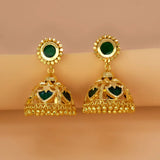 Green Palakka Jhumka Earrings with gold-tone and deep green stones, perfect for festive occasions.