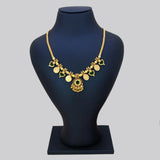 South Indian Green Palakka Lakshmi Kasu Necklace featuring embossed Goddess Lakshmi coins and deep green pendants.
