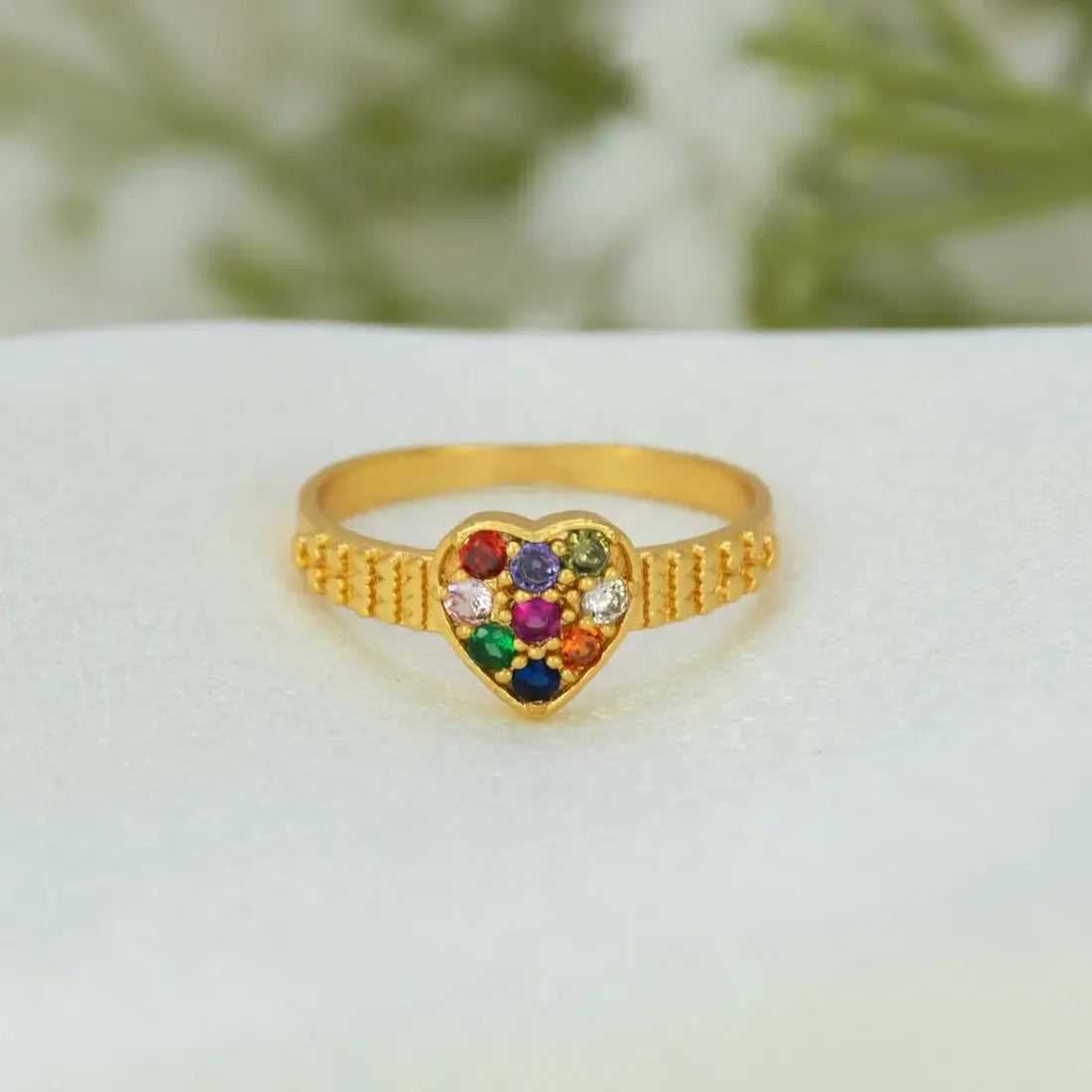 Gold-Plated Navaratna Heart Finger Ring