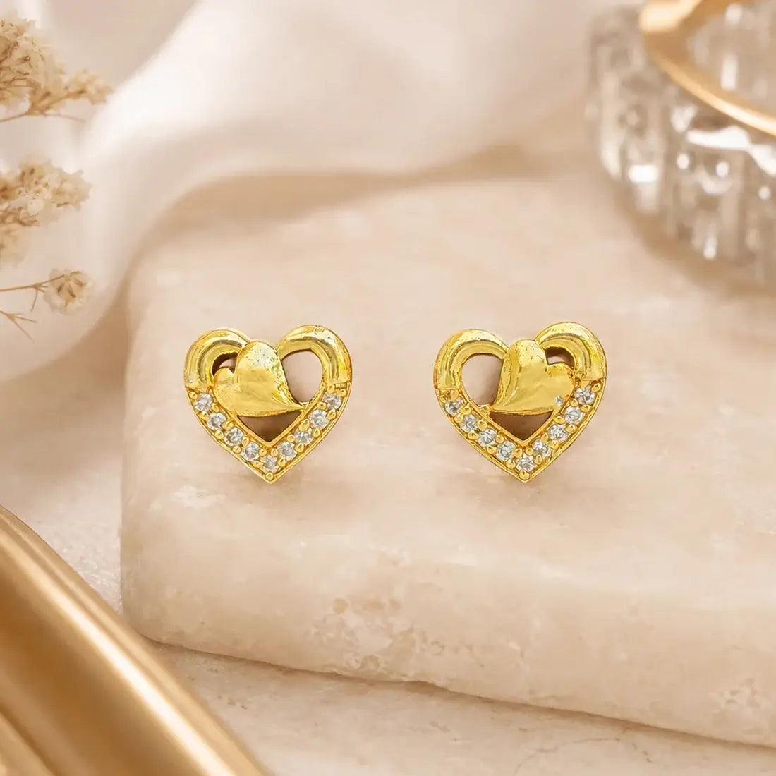 Gold Plated Heart-In-Heart CZ Stone Ear Studs