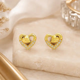 Gold Plated Heart-In-Heart CZ Stone Ear Studs