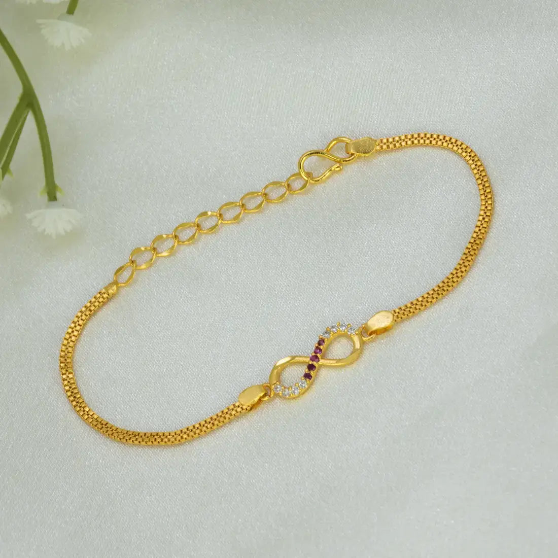 Gold Plated Infinity CZ Stone Bracelet showcasing a delicate infinity charm and a smooth two-line box chain.
