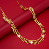 Traditional Gold Plated Jasmine Buds Head Cash Long Chain with jasmine bud motifs and kasu charms on red background.