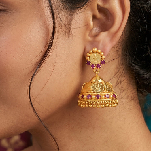Gold Plated Kasu Lakshmi Ruby Stone Jhumka Earrings