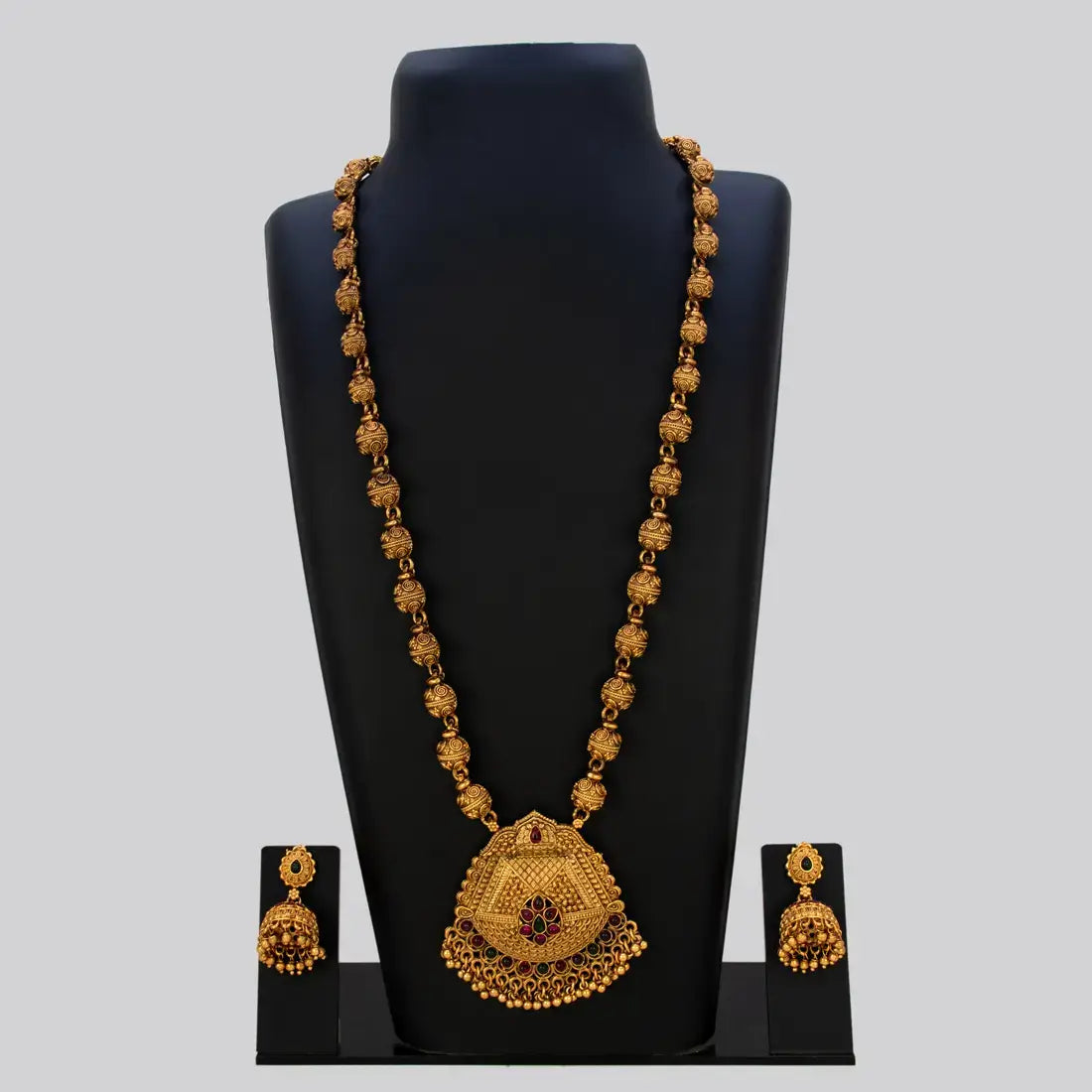 Antique Matte Gold Beads Long Chain Necklace Set featuring intricate gold beads and kemp stone pendant with earrings.