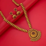 Kemp Stone Antique Long Haram Set for Women, featuring intricate gold design and traditional temple jewelry style.