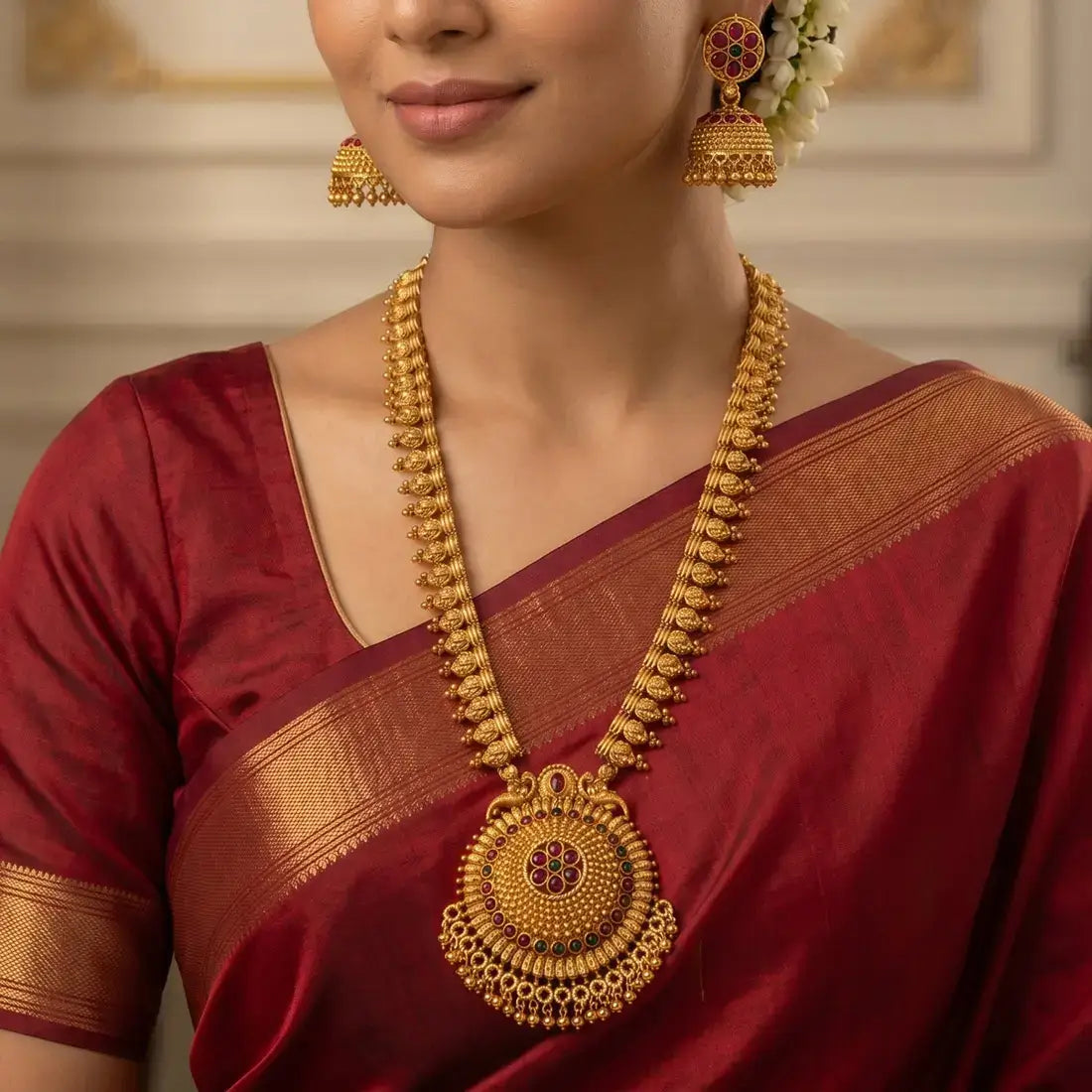 Kemp Stone Antique Long Haram Set for Women worn by model in traditional attire with intricate jewelry details.