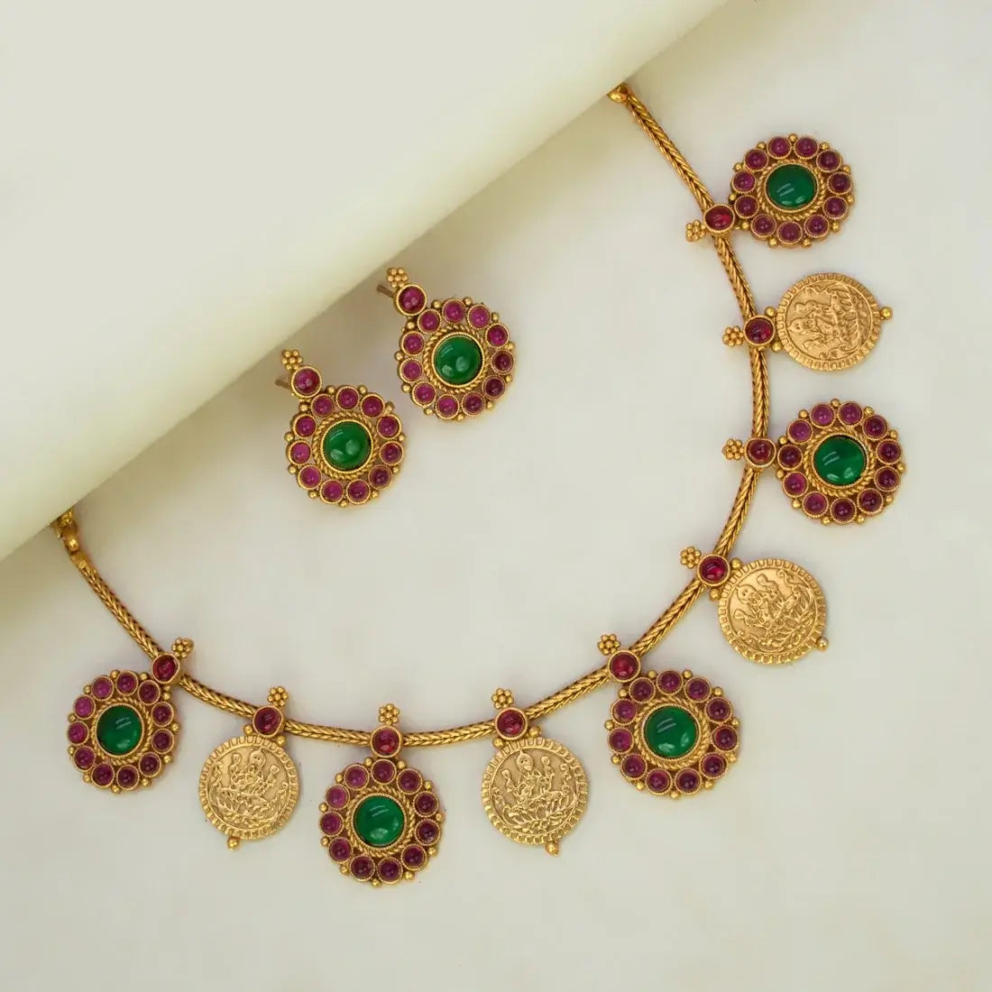 Antique Matte Floral Kemp Stone Lakshmi Kasu Necklace Set featuring gold coins and kemp stones