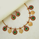 Antique Matte Floral Kemp Stone Lakshmi Kasu Necklace Set featuring gold coins and kemp stones
