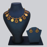 Antique Matte Floral Kemp Stone Lakshmi Kasu Necklace Set displayed on a mannequin with matching earrings.