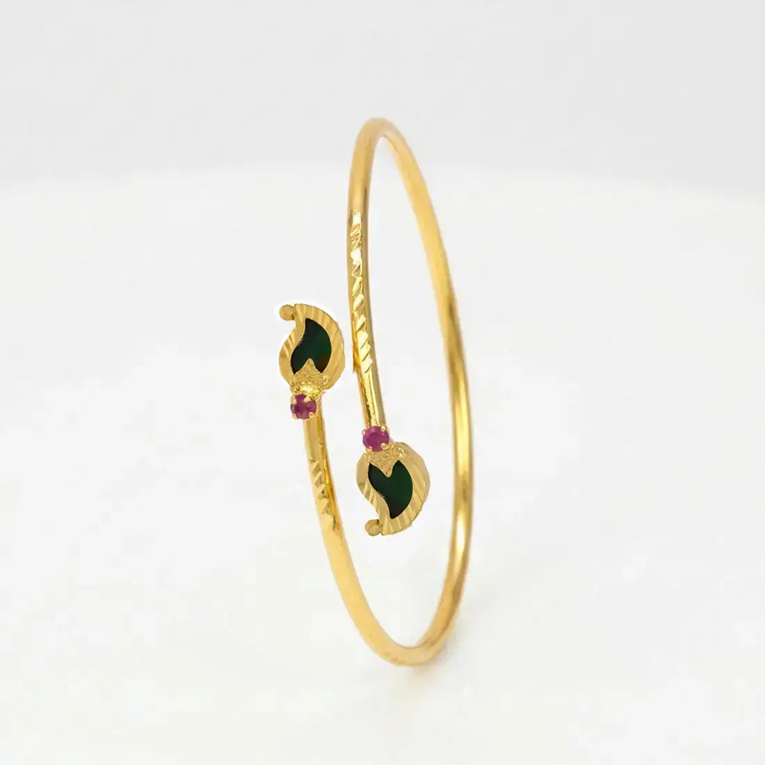 Kerala Traditional Open Mango Bangle Bracelet featuring mango motifs with ruby stones and gold plating.