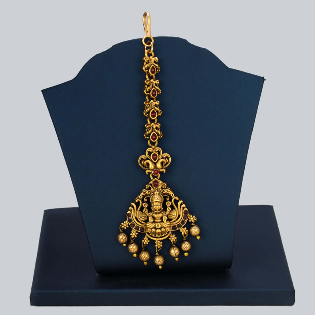 Ethnic Antique Lakshmi Peacock Kemp Maang Tikka - Red