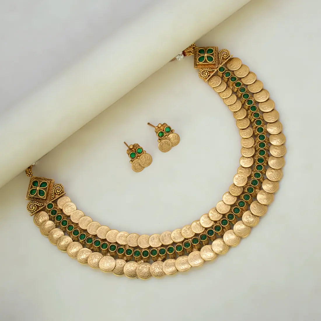 Antique Lakshmi 2-Layer Kasu Kemp Choker Necklace Set - Green
