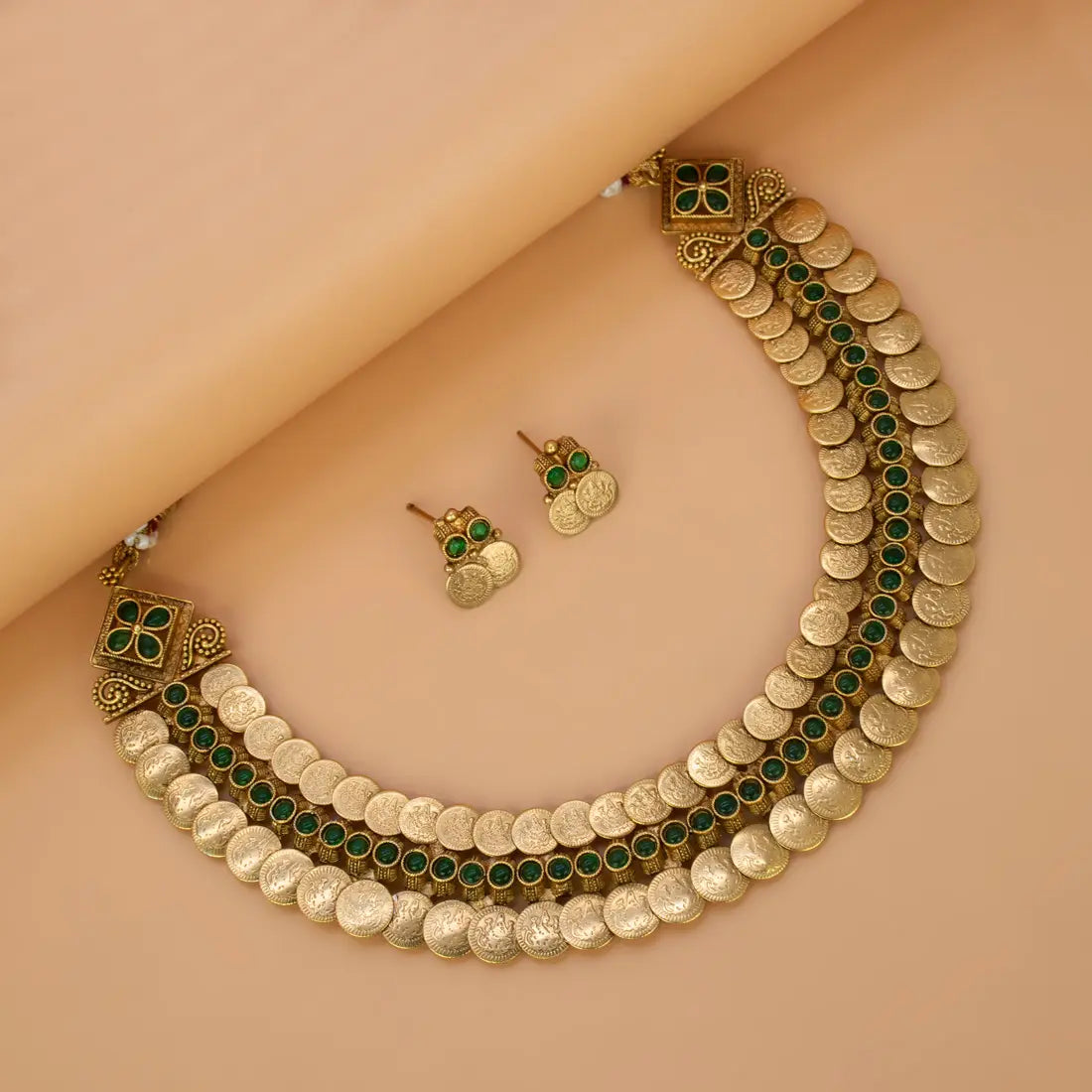 Antique Lakshmi 2-Layer Kasu Kemp Choker Necklace Set - Green