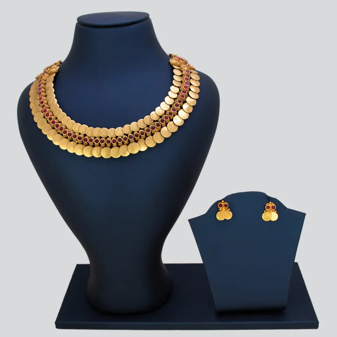 Antique Lakshmi 2-Layer Kasu Kemp Choker Necklace Set - Red