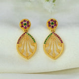 Gold-Plated Ornate Stone Drop Earrings - ruby emerald