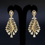 Gold-Plated American Diamond Leaf Earrings showcasing intricate CZ stone detailing and a luxurious feather silhouette.
