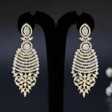 Gold-Plated Long American Diamond Dangler Earrings featuring a dramatic design with cascading stones and marquise-cut studs.