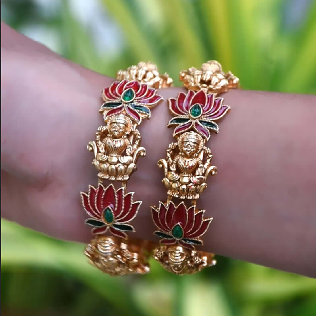 Elegant Matte Gold Plated Lakshmi Lotus Enamel Bangle featuring Goddess Lakshmi and lotus design.