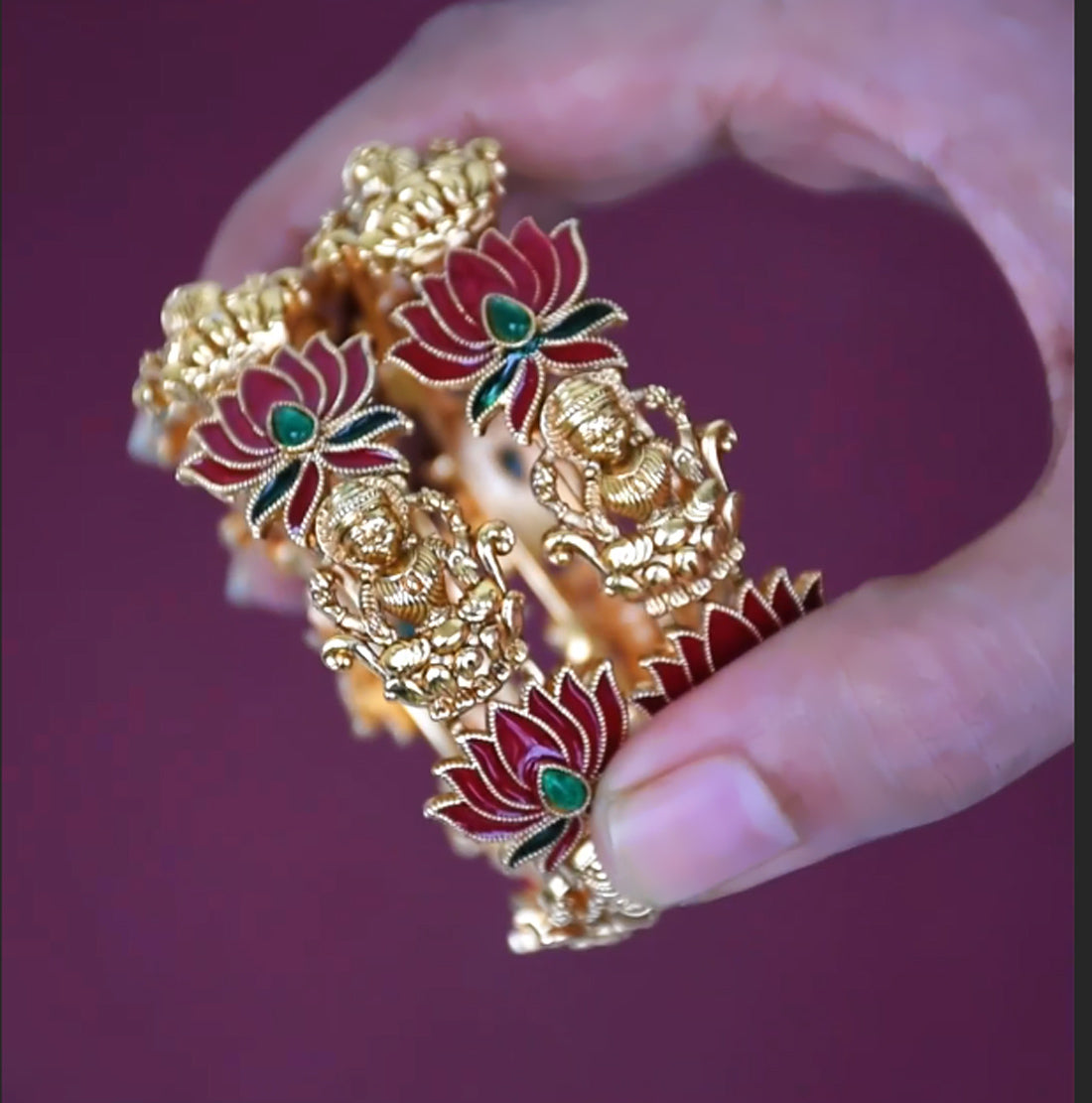 Elegant Matte Gold Plated Lakshmi Lotus Enamel Bangle with lotus design and colorful enamel work.