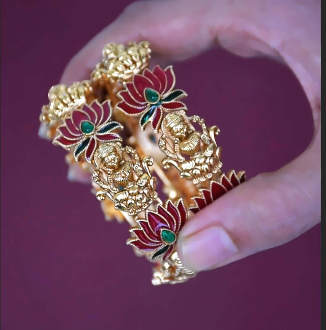 Elegant Matte Gold Plated Lakshmi Lotus Enamel Bangle with lotus design and colorful enamel work.