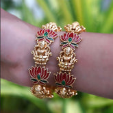 Elegant Matte Gold Plated Lakshmi Lotus Enamel Bangle featuring Goddess Lakshmi and lotus design.