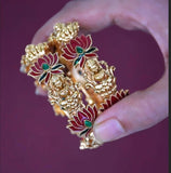 Elegant Matte Gold Plated Lakshmi Lotus Enamel Bangle with lotus design and colorful enamel work.