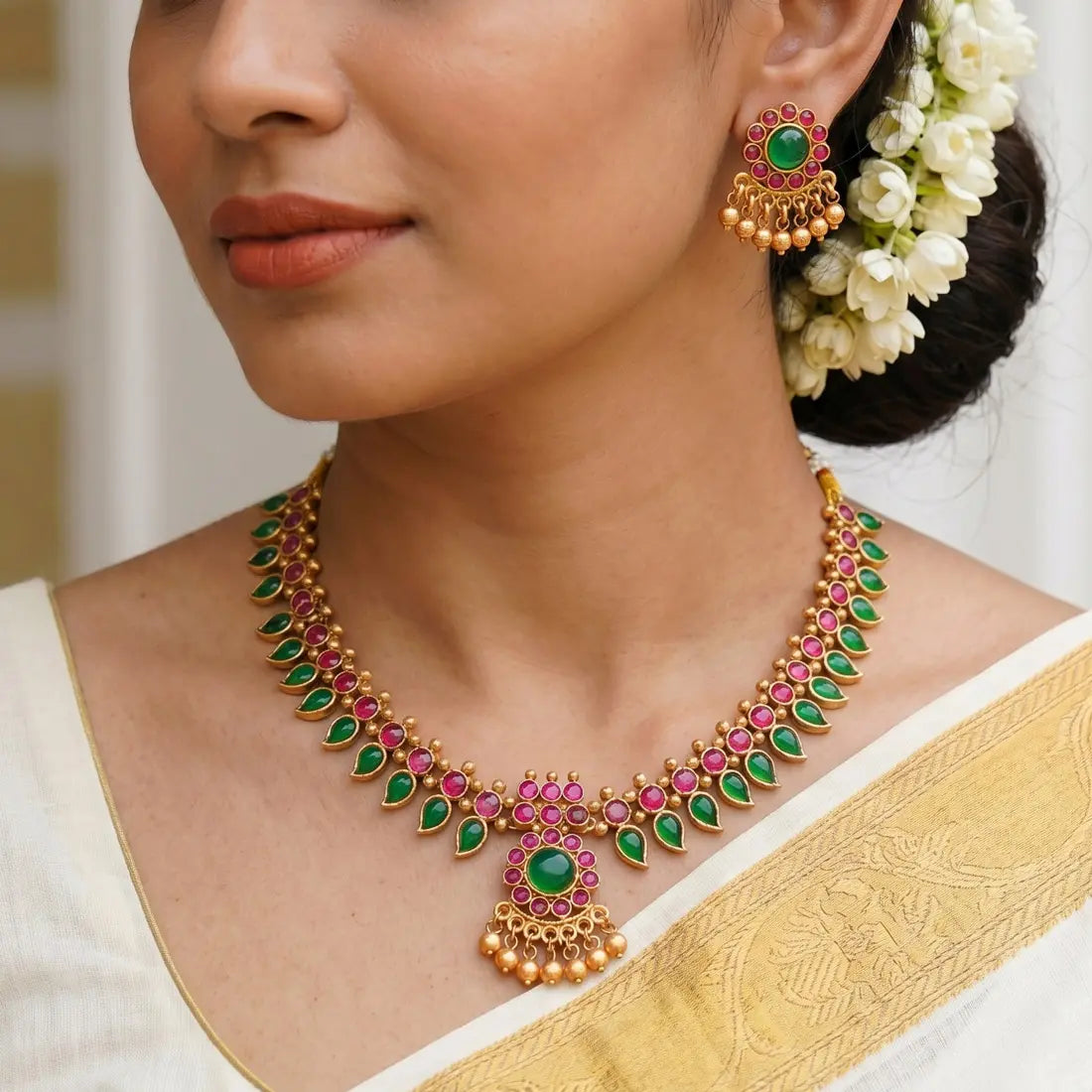 Antique Gold Plated Kemp Stone Mango Necklace Set - Multi