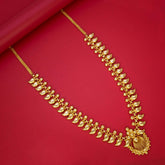 Traditional Gold Plated Bridal Mango Long Chain Haram beautifully displayed on a red background.