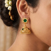 Small Gold-Plated Ruby Stone Mango Jhumka Earrings showcasing intricate design and vibrant colors
