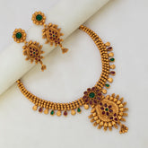 Antique Matte Gold Ruby Emerald Stones Floral Necklace Set