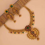 Antique Matte Gold Ruby Emerald Stones Floral Necklace Set